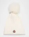 Moncler Wool Beanie With Faux Fur Pom In White