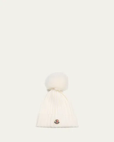 Moncler Wool Beanie With Faux Fur Pom In White