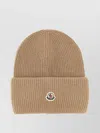 Moncler Ribbed Knit Wool Beanie With Felt Logo Patch In Brown