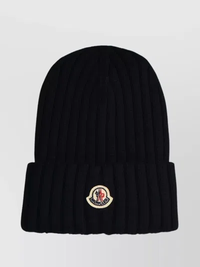 Moncler Wool Beanie With Folded Cuff And Ribbed Texture In Black
