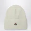 Moncler White Wool Beanie With Logo Patch In White