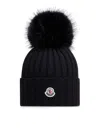 Moncler Ribbed Wool Beanie With Faux Fur Pom In Black