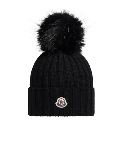Moncler Wool Beanie With Pom Pom In Black