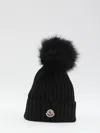 Moncler Ribbed Knit Wool Beanie With Faux Fur Pom-pom In Black