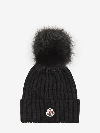 Moncler Wool Beanie With Pom Pom In Black