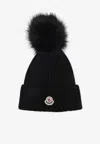 Moncler Ribbed Knit Wool Beanie With Faux Fur Pom-pom In Black