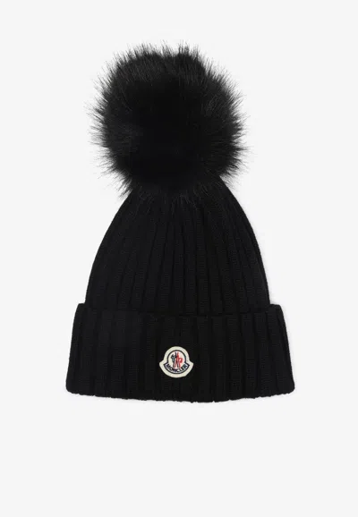 Moncler Wool Beanie With Pom Pom In Black