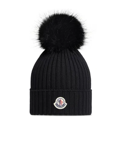 Moncler Wool Beanie With Pom Pom In Black