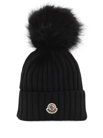 Moncler Wool Beanie With Pom Pom In Black