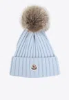 Moncler Ribbed Knit Hat With Fluffy Pom-pom In Blue