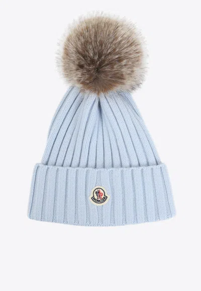 Moncler Wool Beanie With Pom Pom In Blue