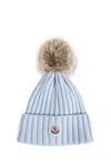 Moncler Ribbed Knit Hat With Fluffy Pom-pom In Blue