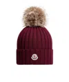 Moncler Maroon Logo Ribbed Texture Beanie Hat In Red