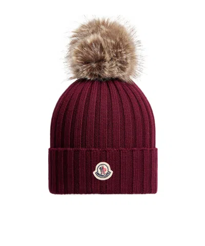 Moncler Wool Beanie With Pom Pom In Burgundy