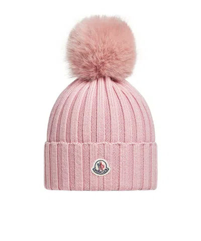 Moncler Wool Beanie With Pom Pom In Pink