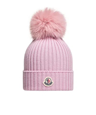 Moncler Wool Beanie With Pom Pom In Pink