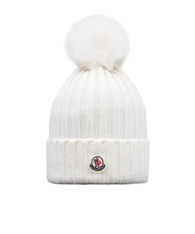 Moncler Wool Beanie With Pom Pom In White
