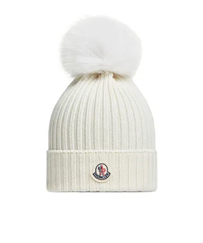 Moncler Wool Beanie With Pom Pom In White