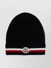Moncler Tricolor Stripe Ribbed Wool Beanie In Black