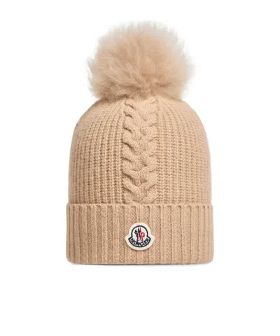 Moncler Kids' Wool Beanie With Shearling Pom Pom In Brown