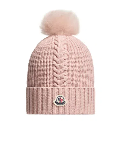 Moncler Kids' Wool Beanie With Shearling Pom Pom In Pink