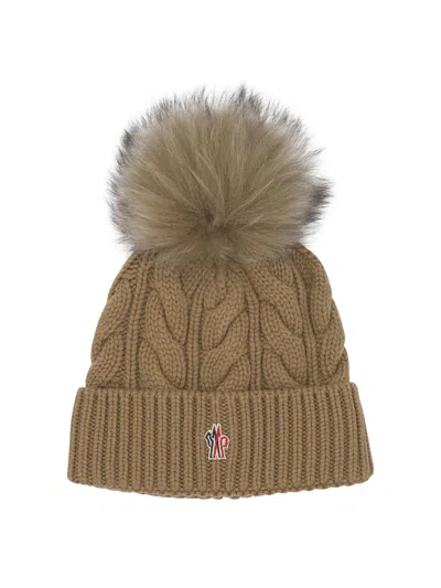 Moncler Wool Blend Beanie Hats Beige In Brown