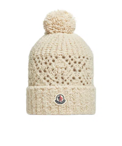 Moncler Wool Blend Beanie With Pom Pom In Neutral