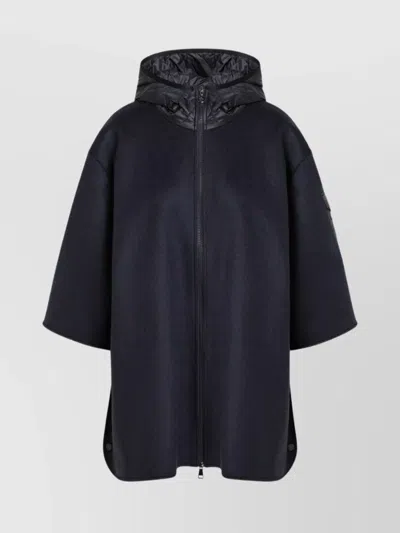 Moncler Wool Blend Cape Featuring Zip And Hood In Blue