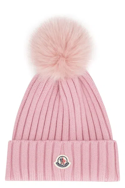 Moncler Wool Cap With Pom-pom In Pink