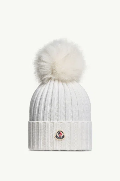 Moncler Wool Cap With Synthetic Pompom In White