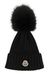 Moncler Wool Cap With Synthetic Pompom In Black
