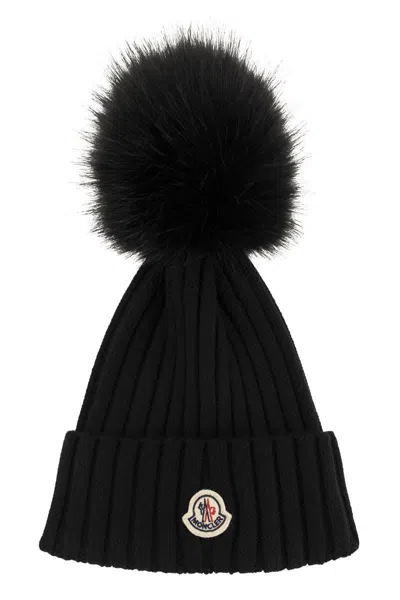 Moncler Wool Cap With Synthetic Pompom In Black