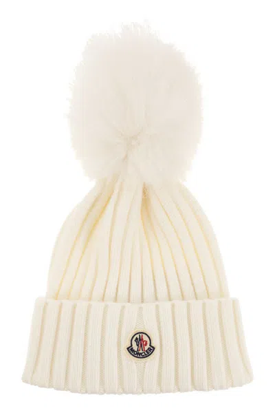Moncler Wool Cap With Synthetic Pompom In White