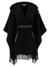 Moncler Hooded Cape With Belted Waist And Fringed Hem In Black