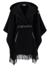 Moncler Hooded Cape With Belted Waist And Fringed Hem In Black