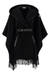 Moncler Hooded Cape With Belted Waist And Fringed Hem In Black