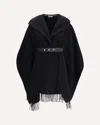 Moncler Hooded Cape With Belted Waist And Fringed Hem In Black