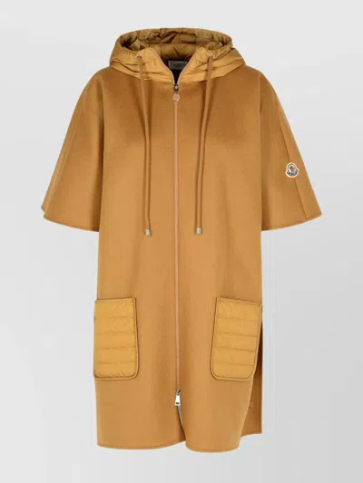 Moncler Wool Cape Hood Short Sleeves Pockets In Beige