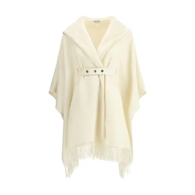Moncler Hooded Fringed-hem Cape In Neutral