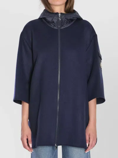 MONCLER WOOL CAPE WITH HOOD AND ARM PATCH