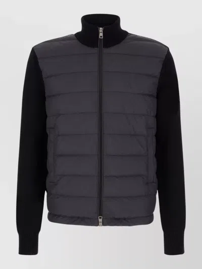 Moncler Wool Cardigan High Collar Quilted Front In Gray