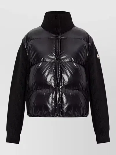 Moncler Wool Cardigan Jacket High Collar Quilted In Black