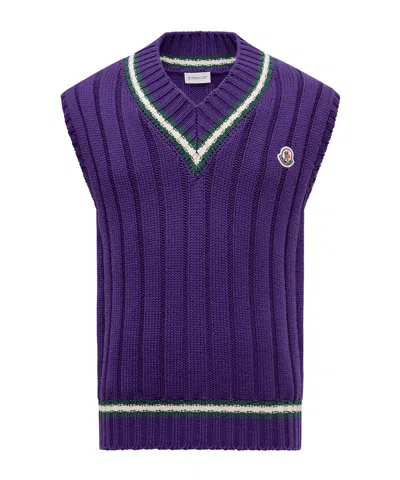 Moncler Wool  Cotton V-neck Vest In Blue