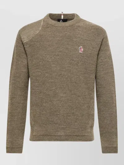 Moncler Wool Crewneck Sweater With Chest Logo Patch In Brown
