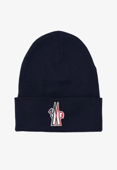 Moncler Wool Embroidered Beanie In Blue