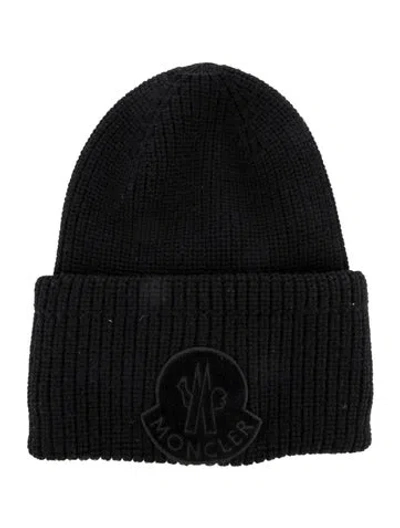 Pre-owned Moncler Wool Embroidered Logo Beanie In Black