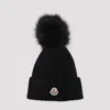 Moncler Ribbed Knit Wool Beanie With Faux Fur Pom-pom In Black