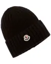 Moncler Ribbed Wool Beanie W/ Logo In Black