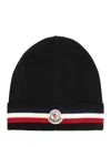 Moncler Tricolor Stripe Ribbed Wool Beanie In Black