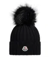 Moncler Black Logo Ribbed Texture Beanie Hat In Black